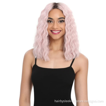 Synthetic Lace Wig 13.5 Inch Pink Color Water Wave High Heat Resistant Fiber Open Cap Sweet Bob Rachel Synthetic hair wigs